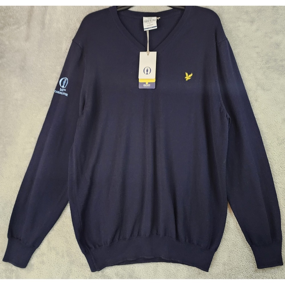 Lyle & Scott Sweater Mens Large Navy Blue Wool V Neck The Open‎ 147th Carnoustie